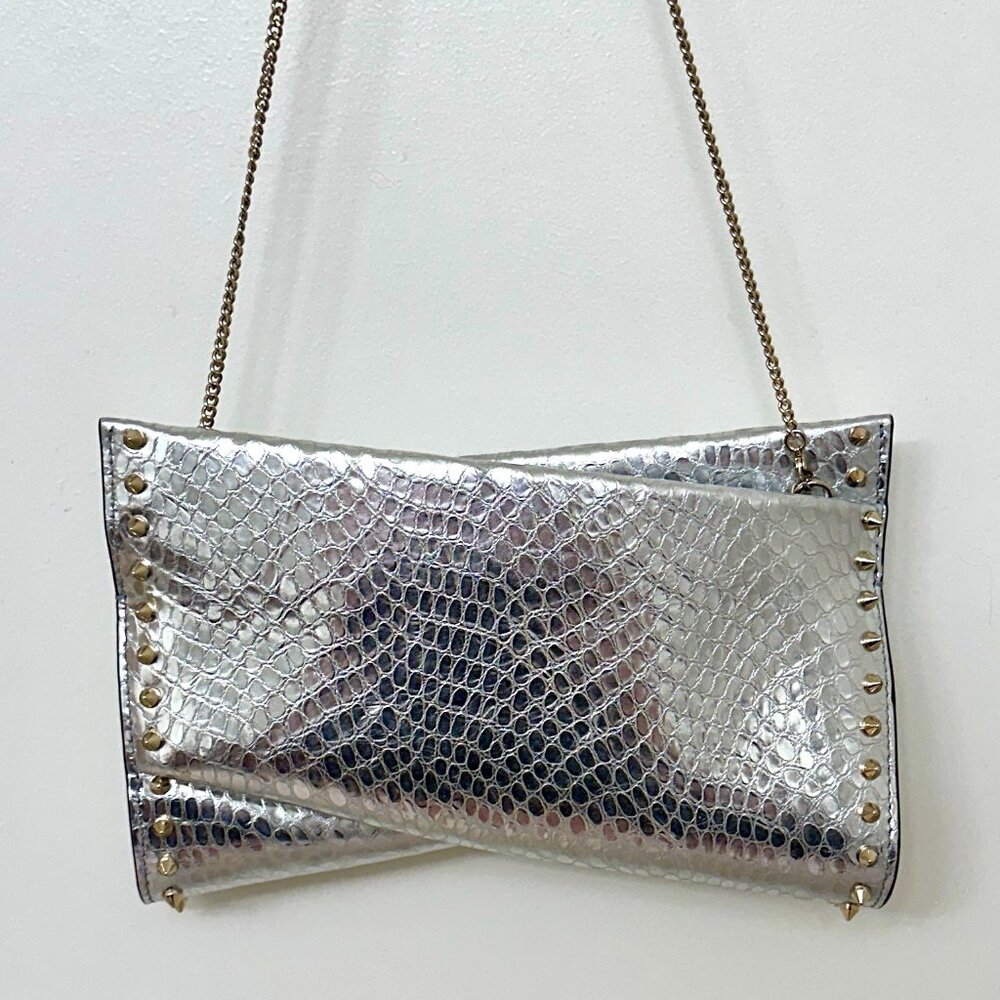 Christian Louboutin Loubitwist Snakeskin Embossed Metallic Leather Clutch Silver